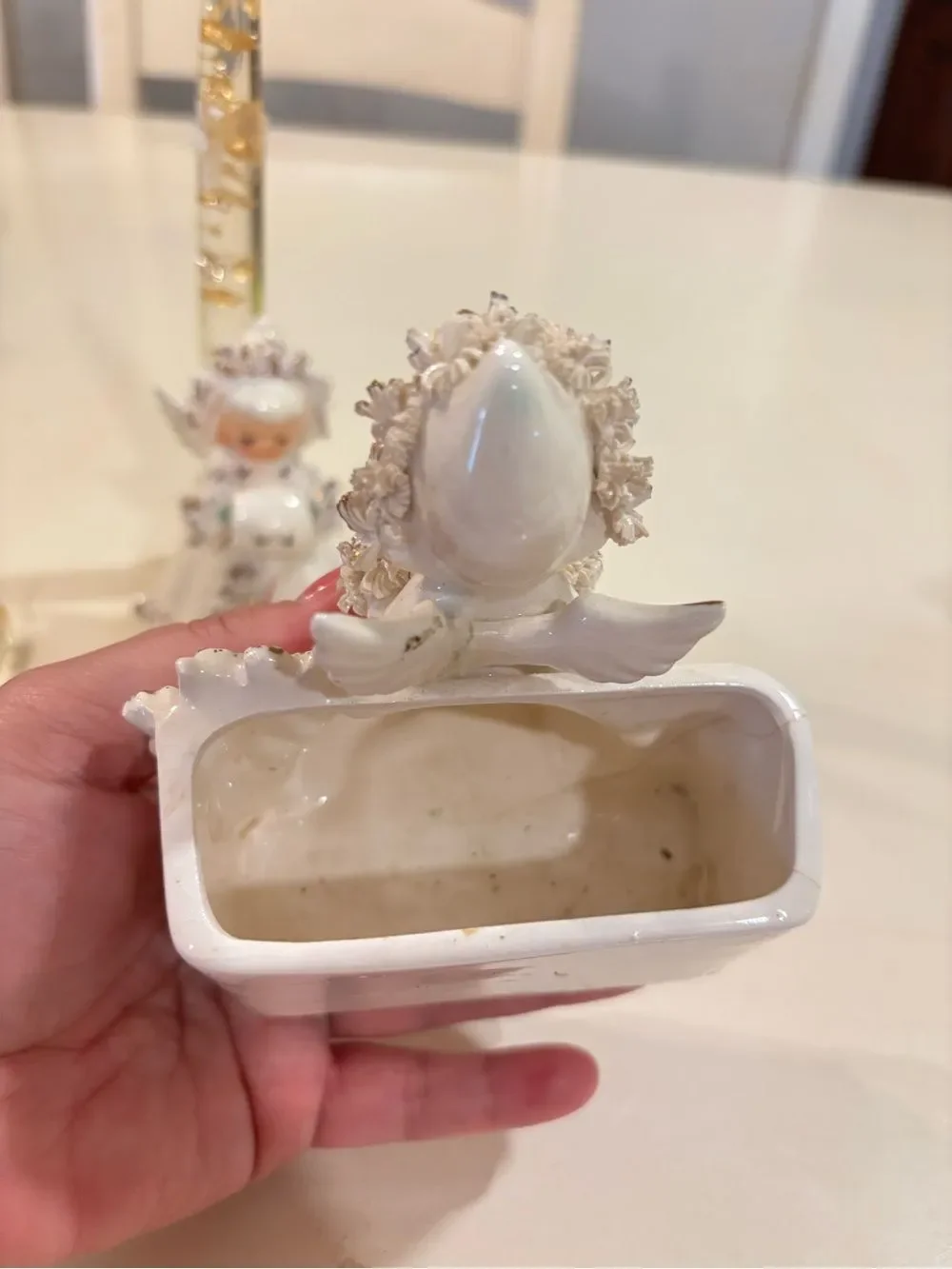 Vintage 1958 HoltHoward Ermine Angel Candle Holders Planter Spaghetti Trim Japan